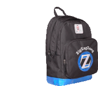 a black zigzagzone backpack with a picture of a man on the front