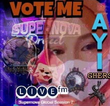 a poster with a woman wearing a mask and the words `` vote me a y '' on it .