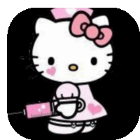 a hello kitty nurse is holding a syringe on a black background .