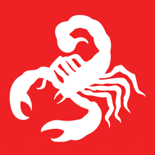 a white scorpion on a red background with sharp claws