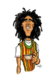 a cartoon of a man with dreadlocks holding a cup