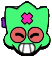 a green cartoon character with red eyes and a pink cross on his forehead