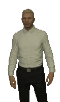 a man in a white shirt and black pants is standing in front of a white background