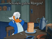 donald duck sitting at a table with a stack of pancakes on it