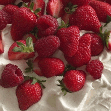 strawberries raspberries and whipped cream on a white plate