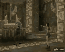 a woman is holding a gun in a video game while a man is standing in the background .