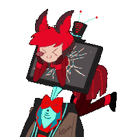 a drawing of a red cartoon character with a broken screen on his head