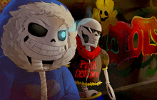 two skeletons are standing next to each other and one has a shirt that says public destroyer