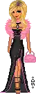 a pixel art of a woman in a black dress and pink fur stole holding a pink purse