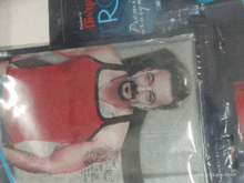 a picture of a man with a beard is on a bag