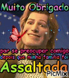 a picture of a woman with a butterfly in her mouth and the words muito obrigado