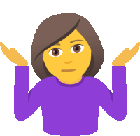 a woman in a purple shirt is shrugging her shoulders and has a yellow face