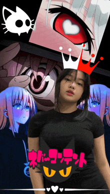 a girl with a crown on her head stands in front of a collage of anime images