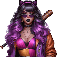 a woman with purple hair is wearing sunglasses and holding a baseball bat