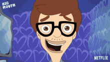 a cartoon of a man with glasses and the words " big mouth " behind him