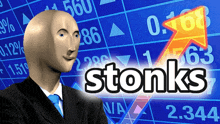 a bald man in a suit and tie stands in front of a stock chart that says stonks