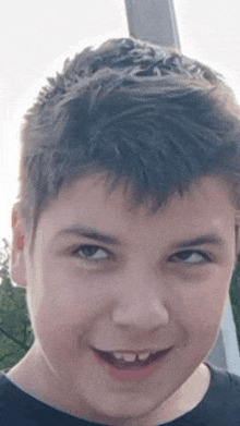 a young boy with a missing tooth is smiling for the camera while wearing a black shirt .