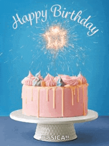 a birthday cake with sparklers coming out of it on a cake stand .