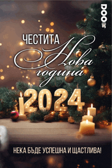 a greeting card for the year 2024 with a christmas tree and candles