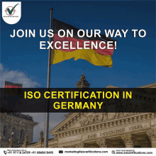 an ad for iso certification in germany with a german flag in the background