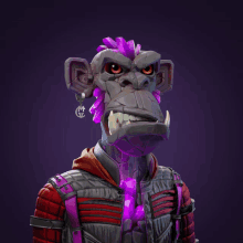 a monkey with a purple mohawk is wearing a jacket