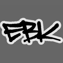 a black and white sticker that says ebk on a grey background