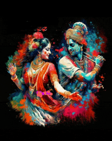 a colorful painting of a man playing a flute next to a woman