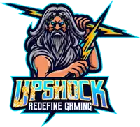 a logo for upshock redefine gaming has a bearded man holding a lightning bolt