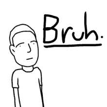 a black and white drawing of a man with the word bruh written above him