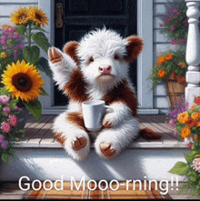 a brown and white stuffed animal is sitting on a porch holding a cup of coffee and waving