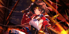 a girl in a red and white outfit is holding a sword