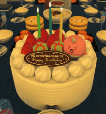 a birthday cake with a sign that says marmeladesalat happy birthday