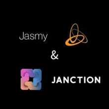 a logo for jasmy and junction with a colorful square and a circle on a black background .