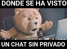 a teddy bear is sitting in front of a laptop with the words " donde se ha visto un chat sin privado " below it