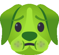 a green cartoon dog with a sad look on his face