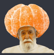 a man with a beard is wearing a hat made out of an orange