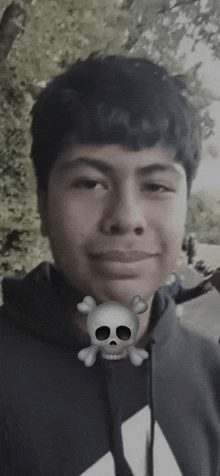 a young man with a skull and crossbones emoji on his face