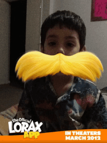 a poster for the official lorax app showing a young boy with a fake mustache