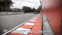 a race car is driving down a race track with the words suanfonson written on the side .