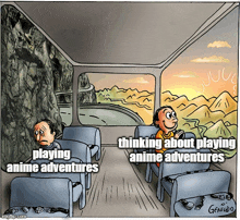 a cartoon shows a man playing anime adventures and another man thinking about it