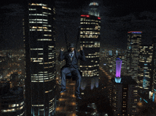 a man in a suit is sitting on a swing in the air over a city