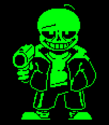 a pixel art of a skeleton holding a gun in his hand .