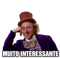 a man wearing a top hat and a purple jacket says muito interessante .