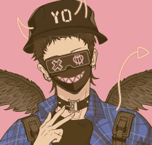 a drawing of a man wearing a mask and a hat that says yo