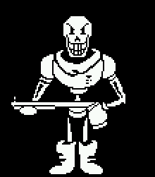 a pixel art drawing of papyrus from undertale holding a sword .