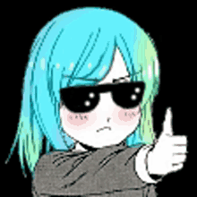 a girl with blue hair is wearing sunglasses and giving a thumbs up sign .