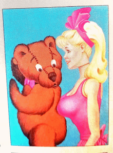 a woman in a pink dress holds a teddy bear