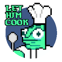 a pixel art character with a chef 's hat and the words let him cook above it