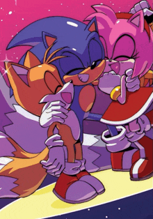 sonic the hedgehog and tails hugging each other in a cartoon