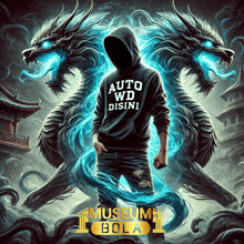 a man wearing a hoodie that says auto wd disini stands in front of two dragons